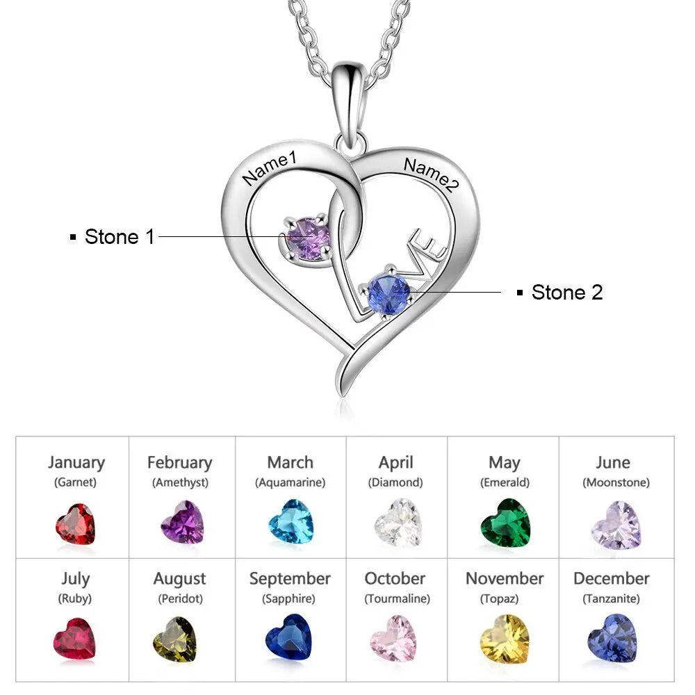 Personalized Heart Necklace with Birthstone Custom Name Engraved Pendant - Blade & Thread