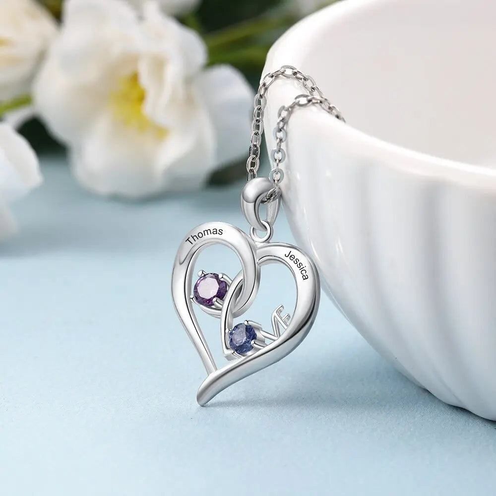 Personalized Heart Necklace with Birthstone Custom Name Engraved Pendant - Blade & Thread