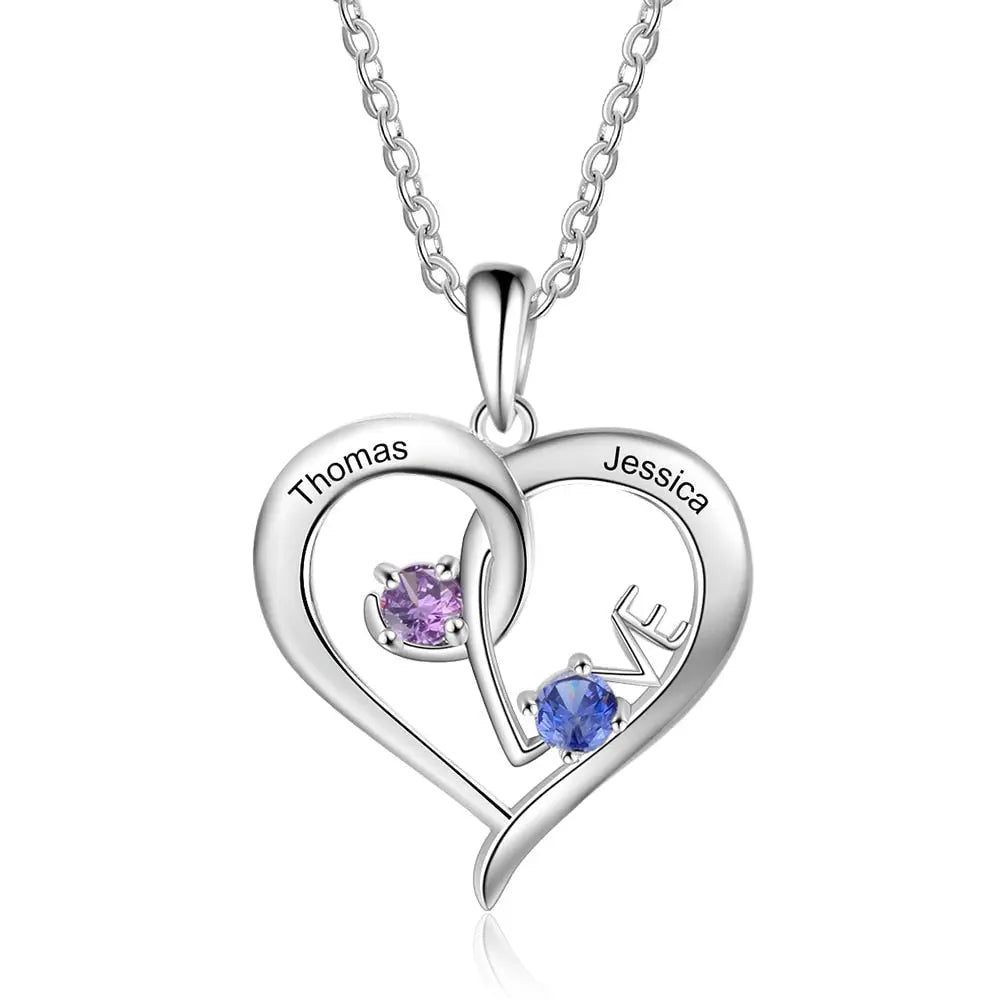 Personalized Heart Necklace with Birthstone Custom Name Engraved Pendant - Blade & Thread