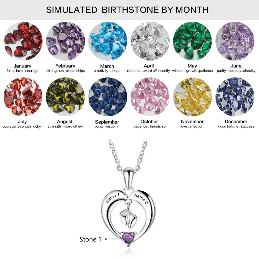 Personalized Name Heart Birthstone Baby Feet Necklace - Blade & Thread