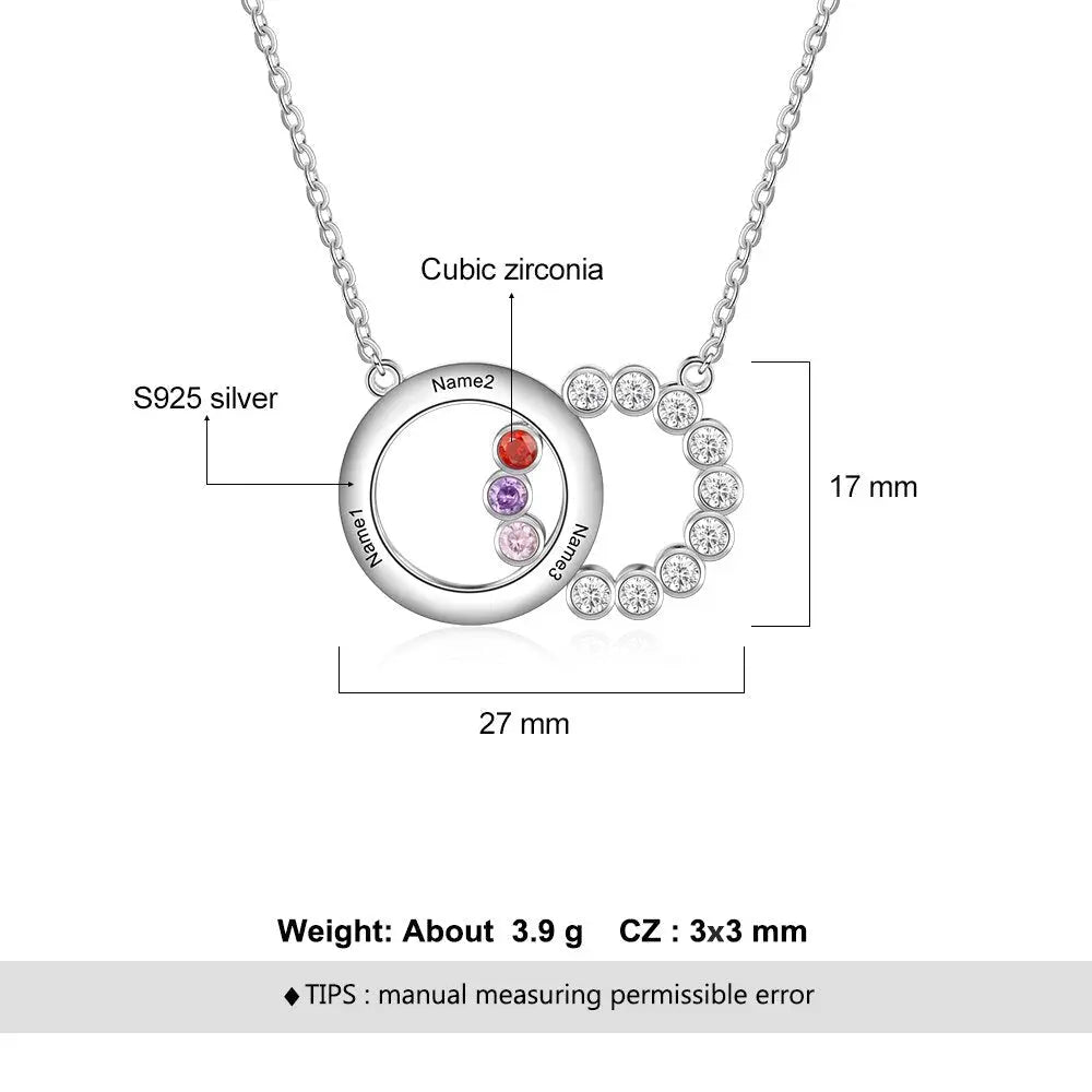 Personalized Name Interlocking Circle Pendants Custom 3 Birthstones Necklaces - Blade & Thread