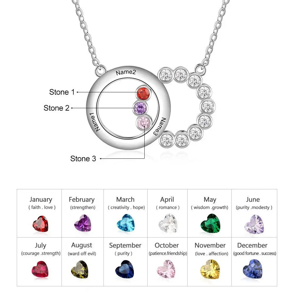 Personalized Name Interlocking Circle Pendants Custom 3 Birthstones Necklaces - Blade & Thread