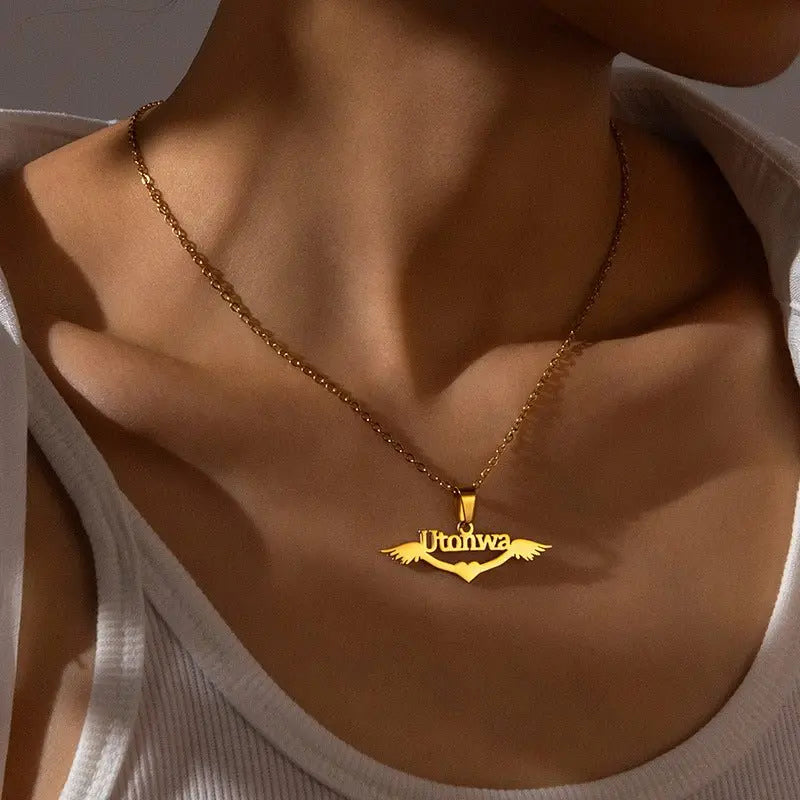 Personalized name necklace wings love pendant clavicle chain - Blade & Thread
