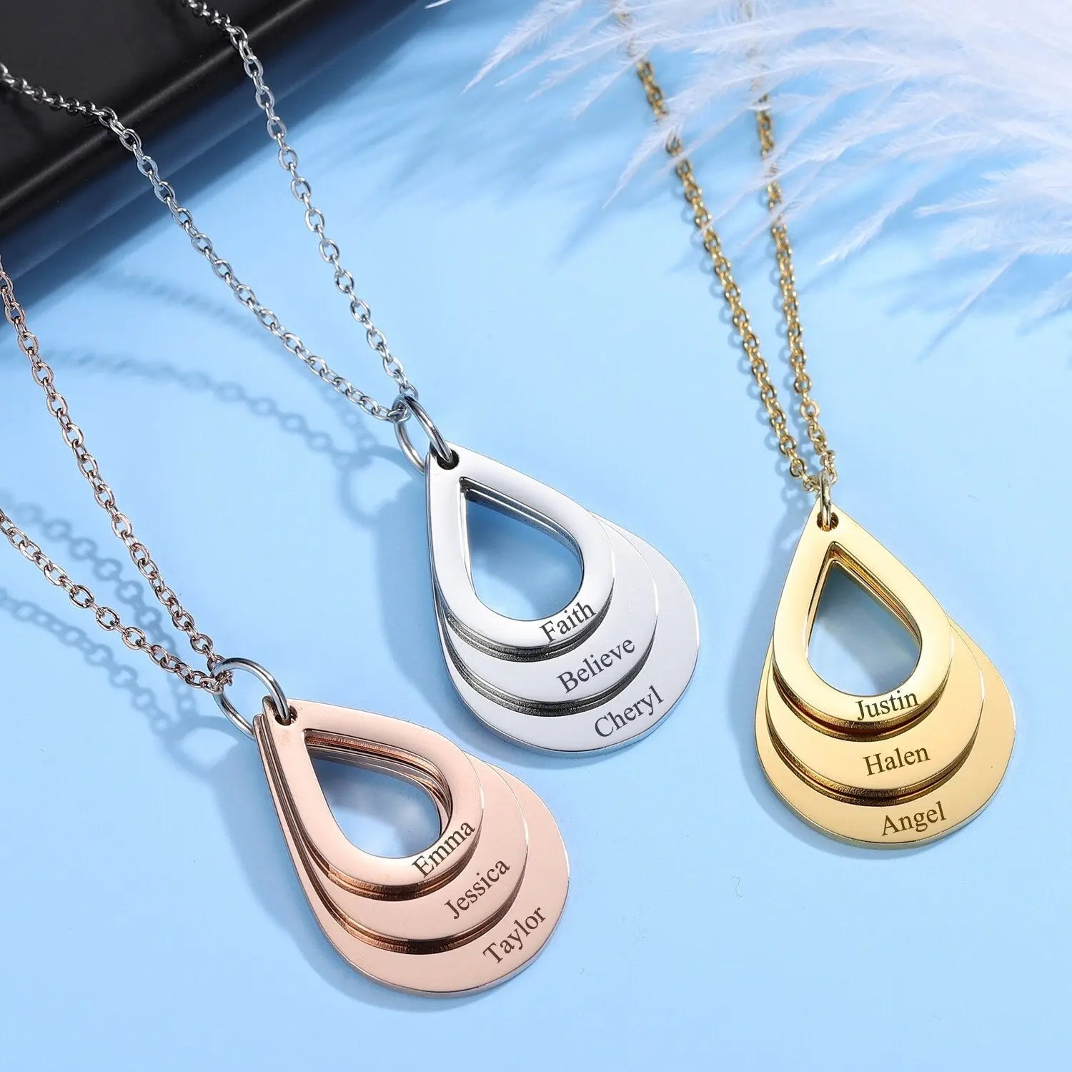 Personalized Name Necklaces Customized Engraved 3 Names Necklace Water Drop Shape Charm - Blade & Thread
