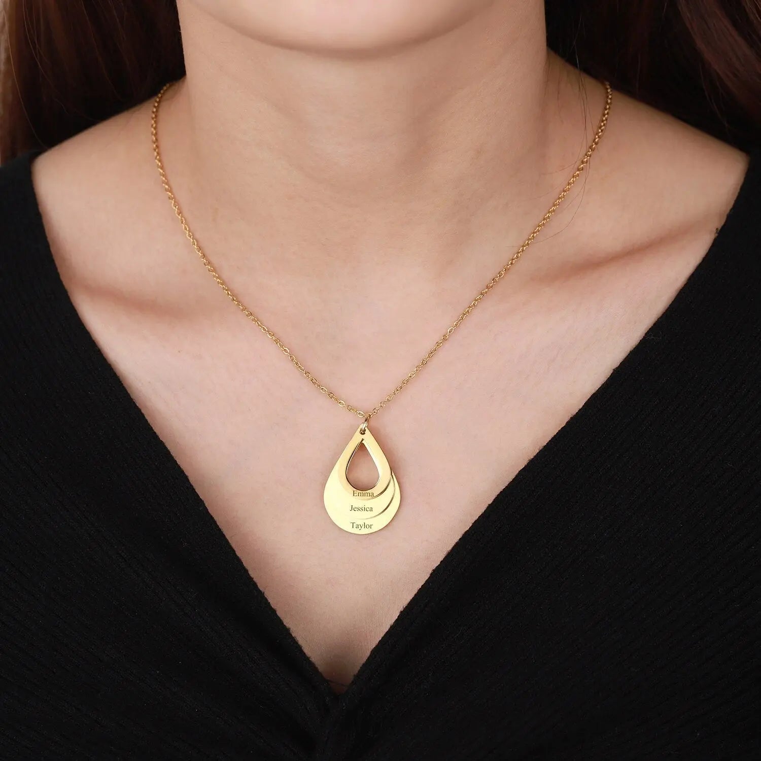 Personalized Name Necklaces Customized Engraved 3 Names Necklace Water Drop Shape Charm - Blade & Thread