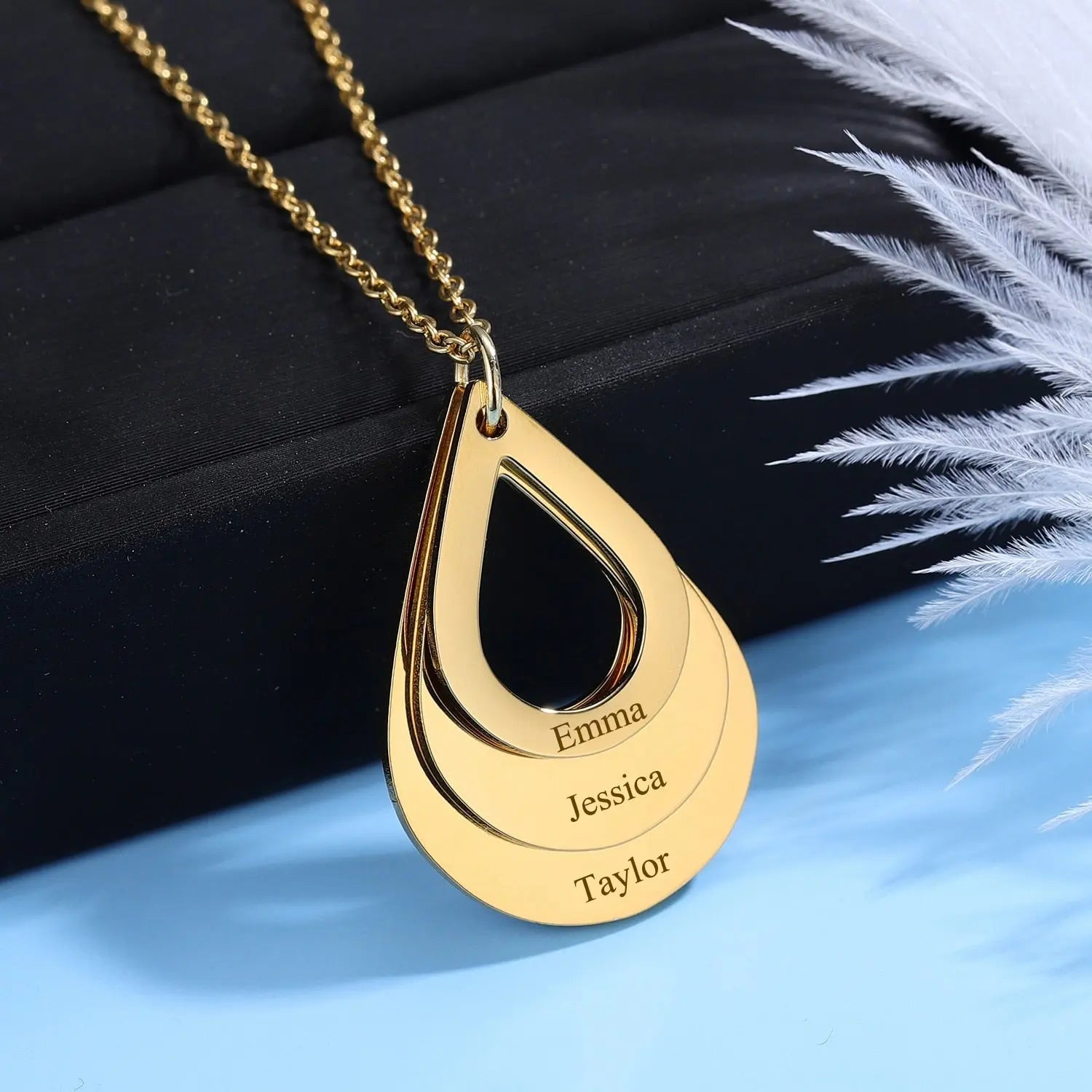 Personalized Name Necklaces Customized Engraved 3 Names Necklace Water Drop Shape Charm - Blade & Thread