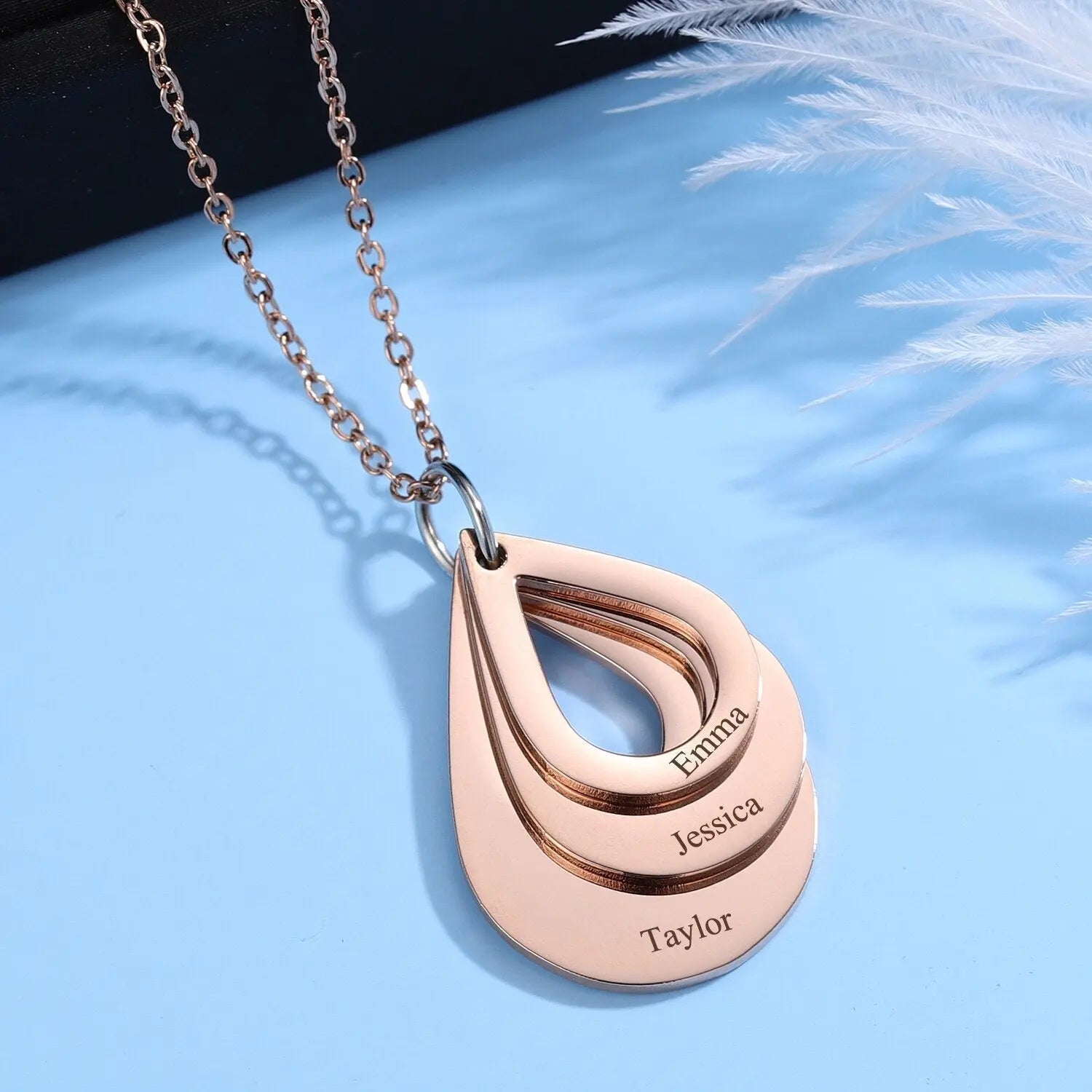 Personalized Name Necklaces Customized Engraved 3 Names Necklace Water Drop Shape Charm - Blade & Thread