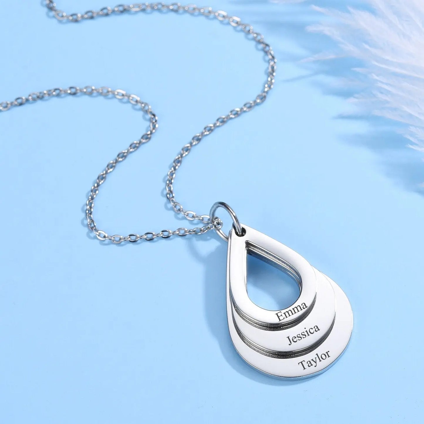 Personalized Name Necklaces Customized Engraved 3 Names Necklace Water Drop Shape Charm - Blade & Thread