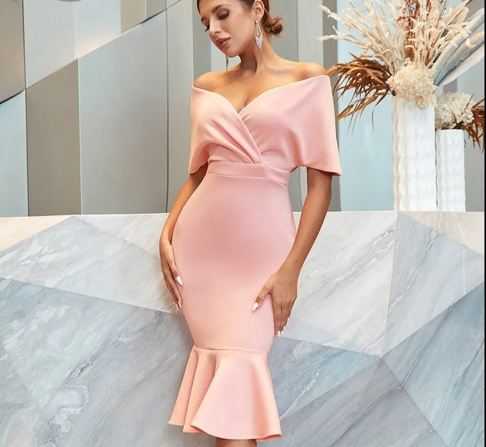 Pink Mermaid Dress Vestidos Summer Sexy Off Shoulder Elegant Evening - Blade & Thread