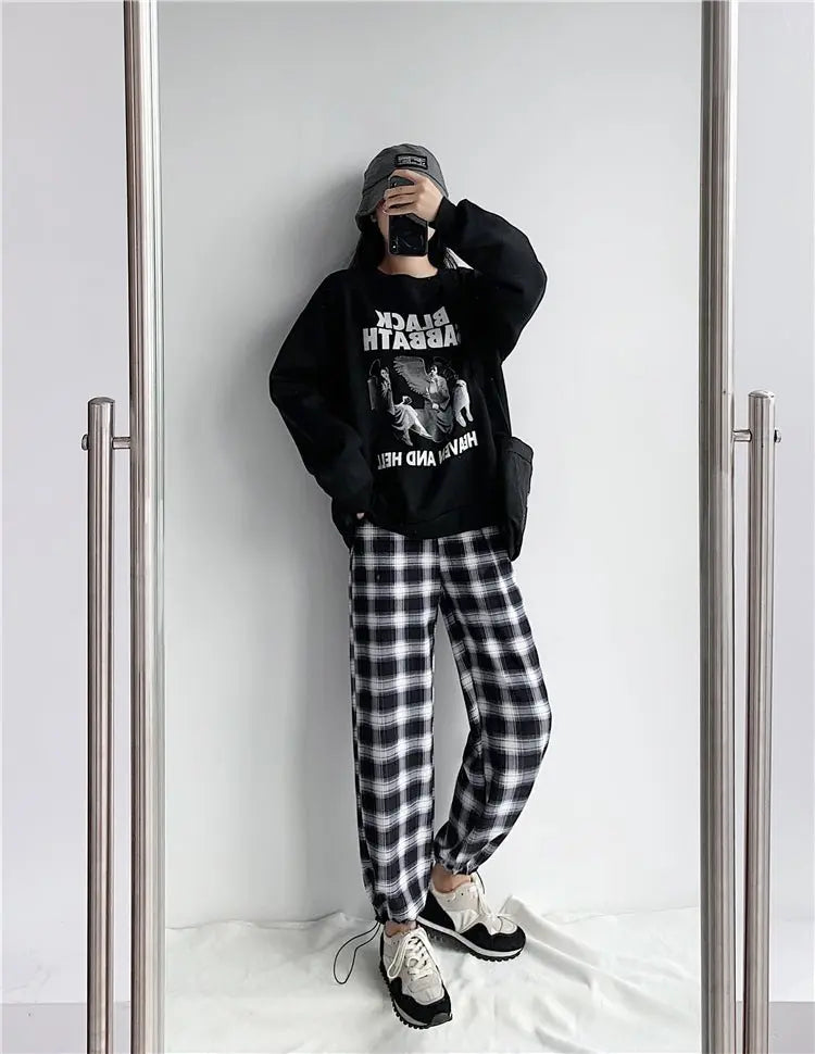 Plaid Pants Women High Waist Drawstring Loose Straight Baggy Pants 2022 Spring and Summer - Blade & Thread