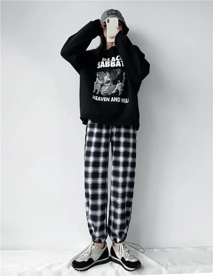Plaid Pants Women High Waist Drawstring Loose Straight Baggy Pants 2022 Spring and Summer - Blade & Thread