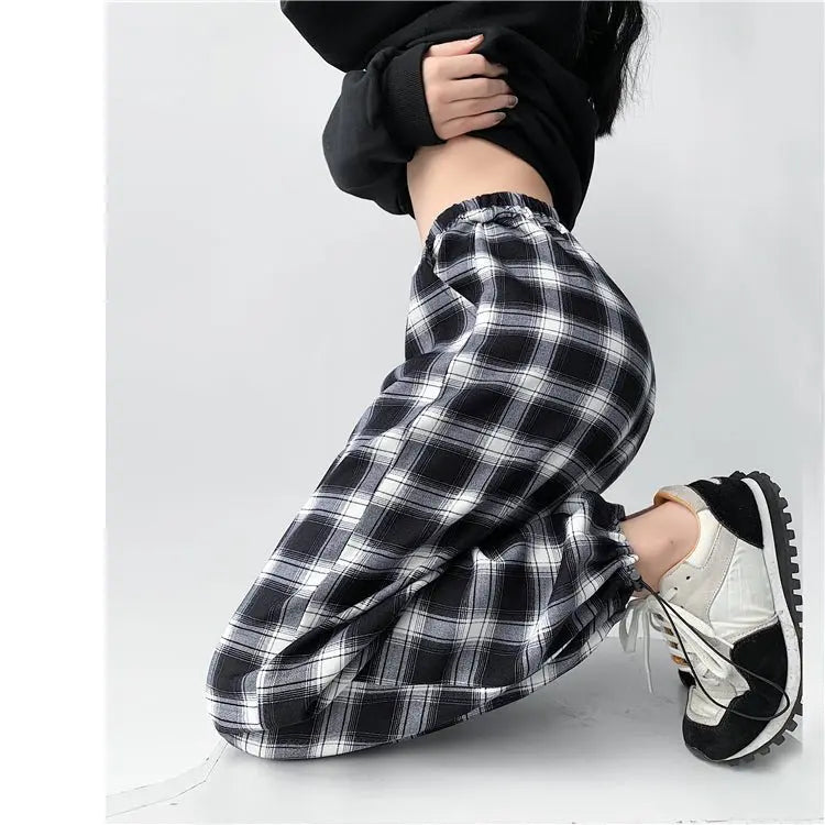 Plaid Pants Women High Waist Drawstring Loose Straight Baggy Pants 2022 Spring and Summer - Blade & Thread