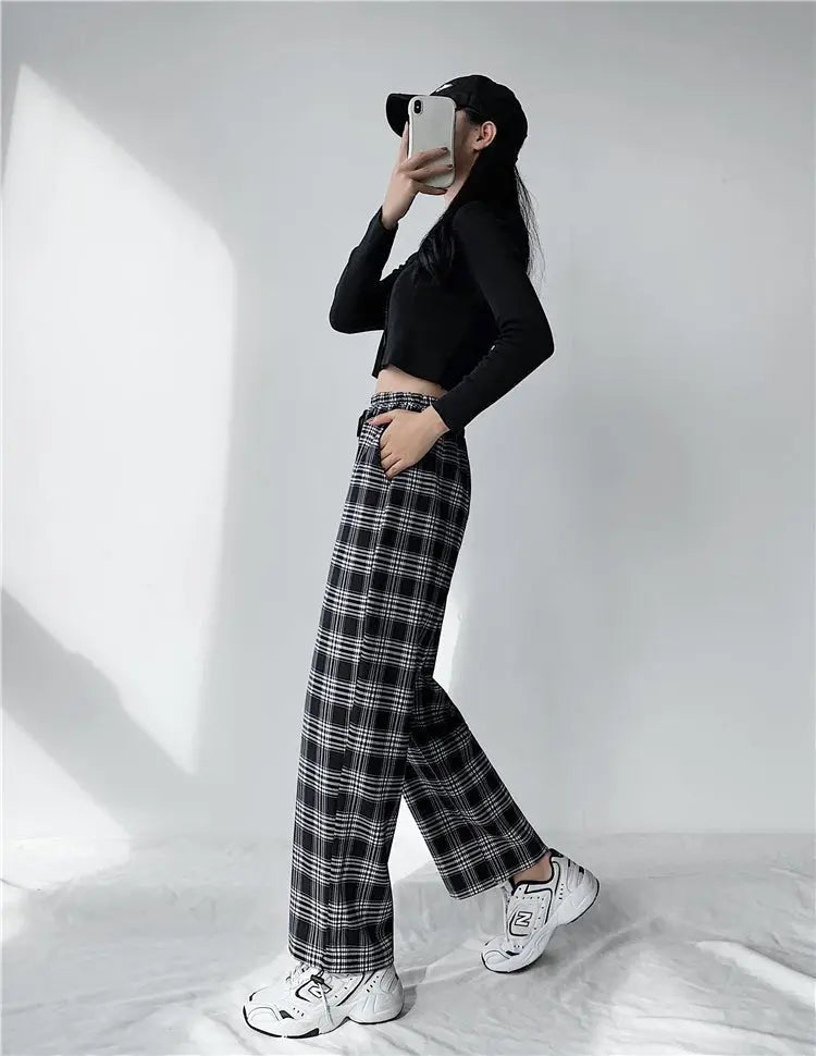 Plaid Pants Women High Waist Drawstring Loose Straight Baggy Pants 2022 Spring and Summer - Blade & Thread