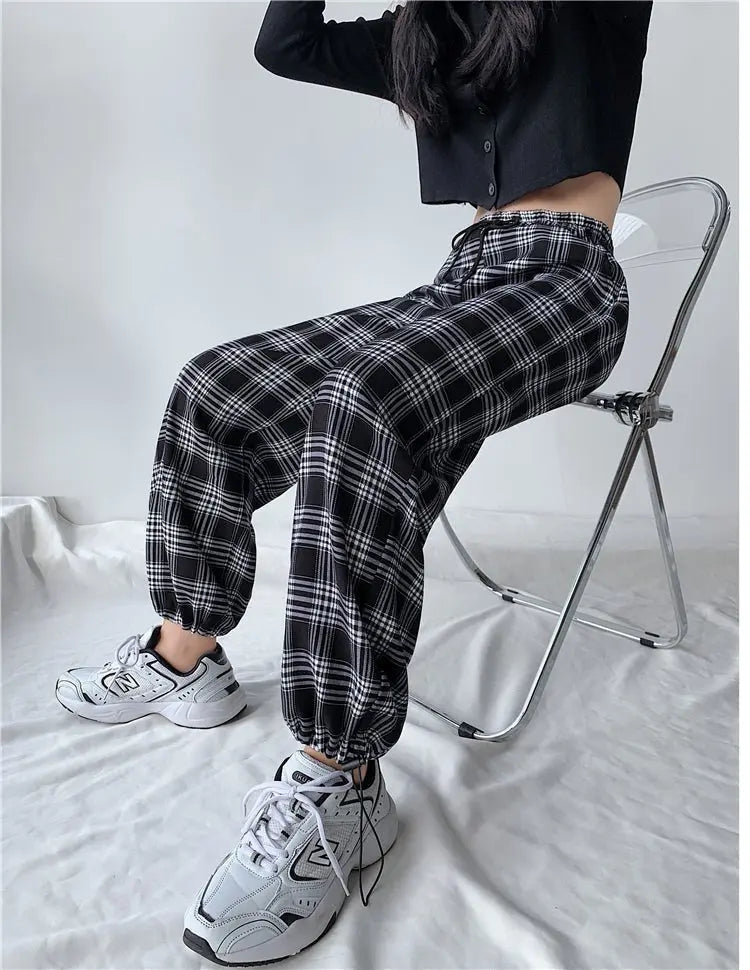 Plaid Pants Women High Waist Drawstring Loose Straight Baggy Pants 2022 Spring and Summer - Blade & Thread
