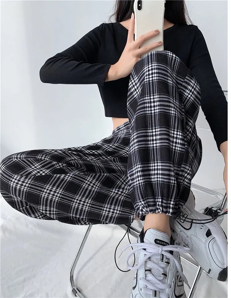 Plaid Pants Women High Waist Drawstring Loose Straight Baggy Pants 2022 Spring and Summer - Blade & Thread