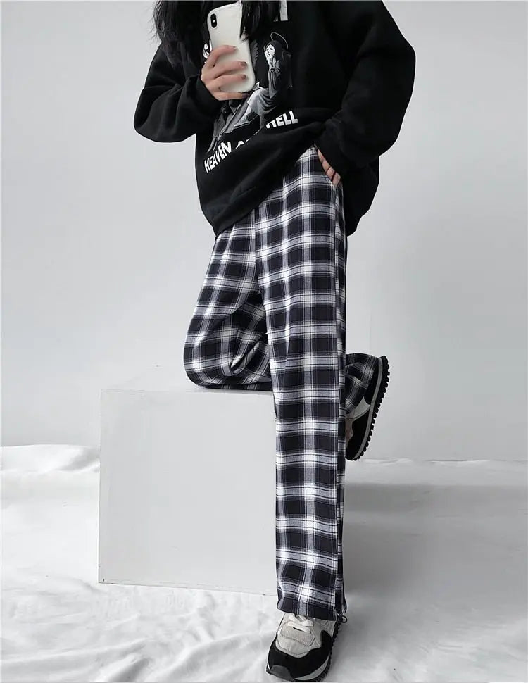 Plaid Pants Women High Waist Drawstring Loose Straight Baggy Pants 2022 Spring and Summer - Blade & Thread