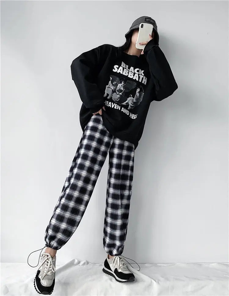 Plaid Pants Women High Waist Drawstring Loose Straight Baggy Pants 2022 Spring and Summer - Blade & Thread