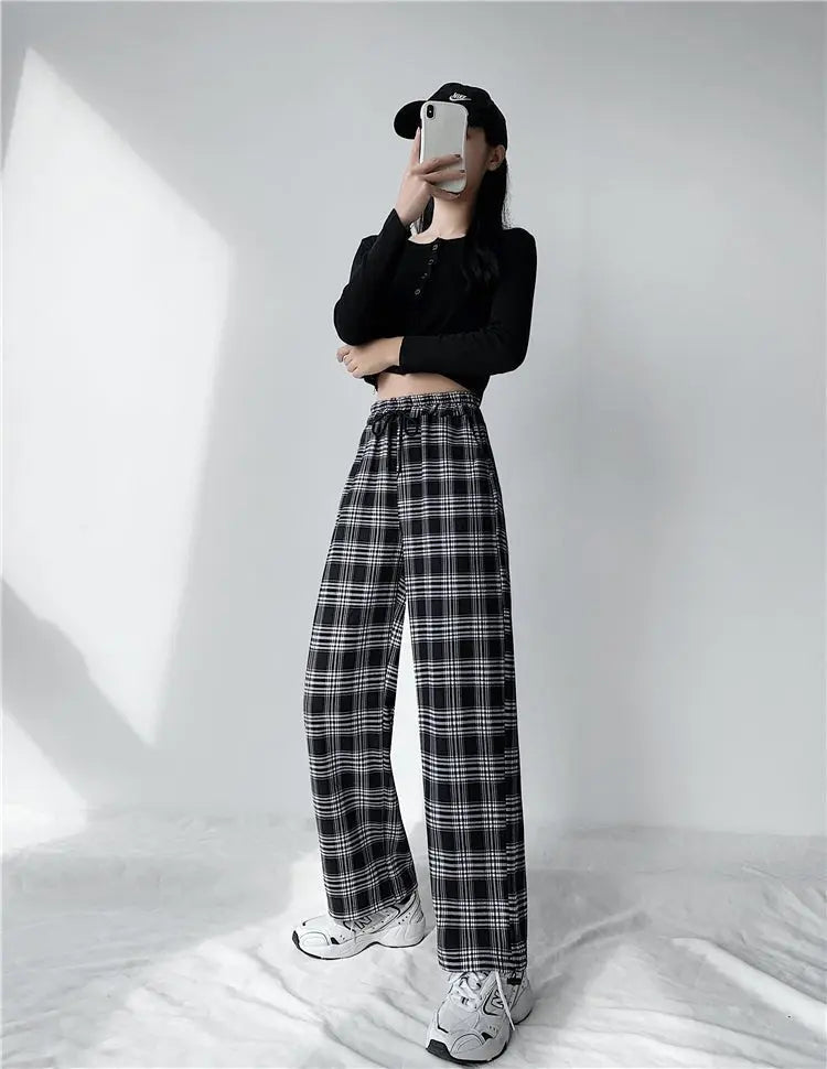 Plaid Pants Women High Waist Drawstring Loose Straight Baggy Pants 2022 Spring and Summer - Blade & Thread