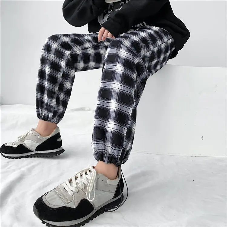 Plaid Pants Women High Waist Drawstring Loose Straight Baggy Pants 2022 Spring and Summer - Blade & Thread