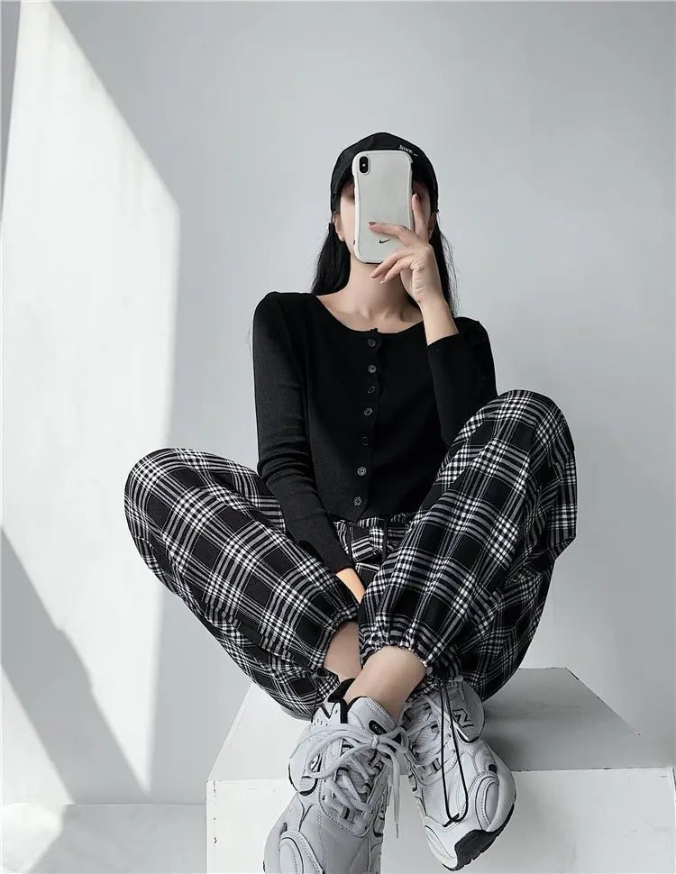 Plaid Pants Women High Waist Drawstring Loose Straight Baggy Pants 2022 Spring and Summer - Blade & Thread