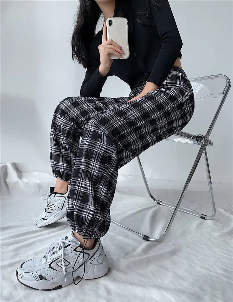 Plaid Pants Women High Waist Drawstring Loose Straight Baggy Pants 2022 Spring and Summer - Blade & Thread