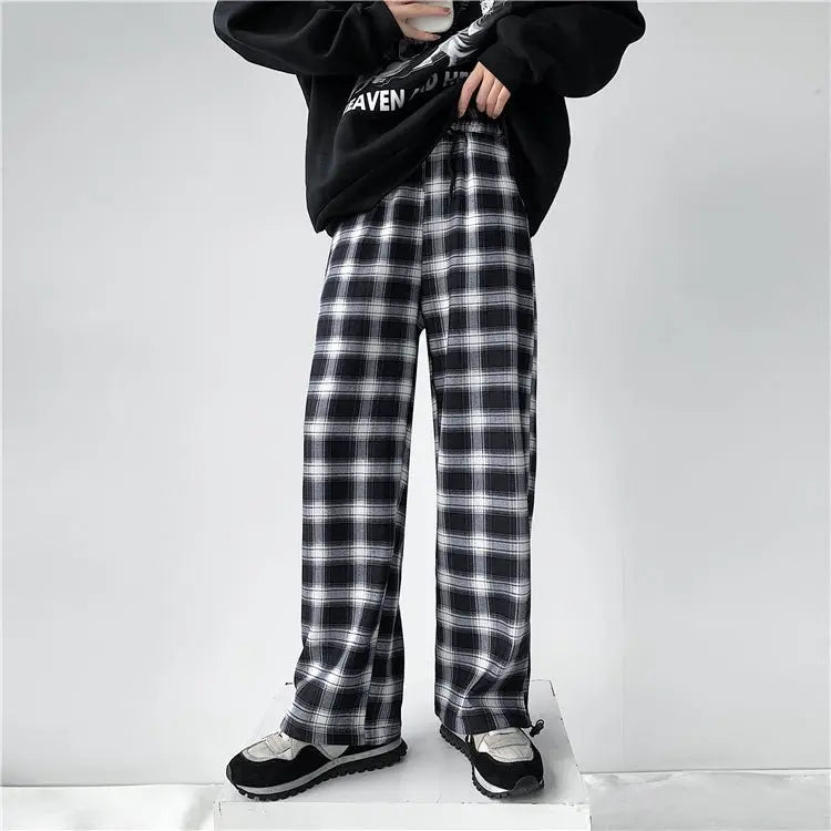 Plaid Pants Women High Waist Drawstring Loose Straight Baggy Pants 2022 Spring and Summer - Blade & Thread