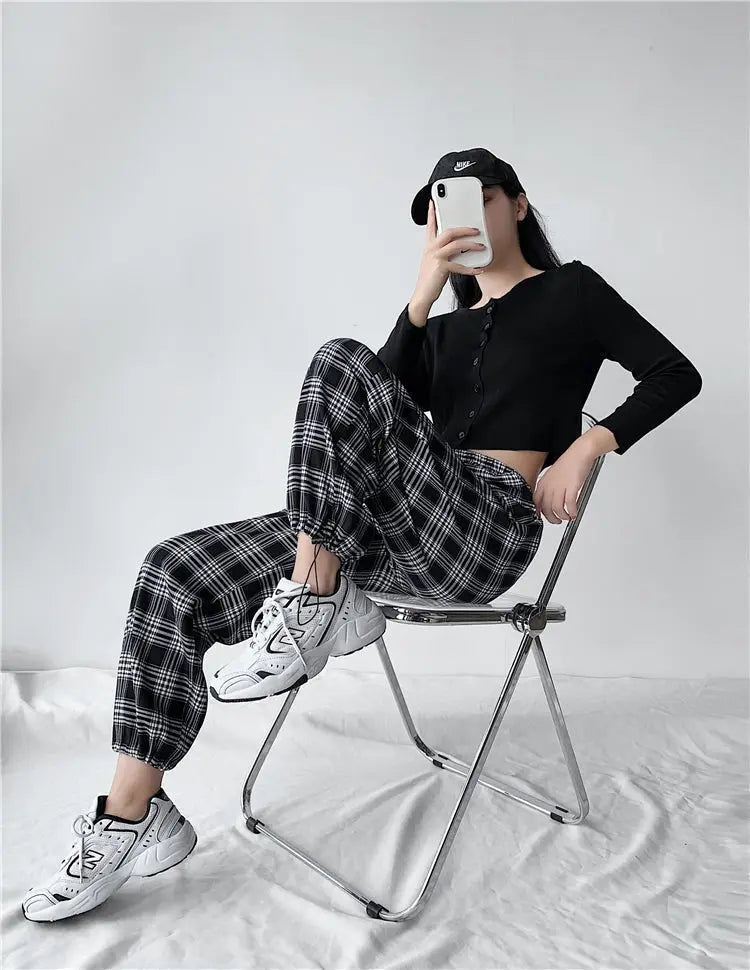 Plaid Pants Women High Waist Drawstring Loose Straight Baggy Pants 2022 Spring and Summer - Blade & Thread