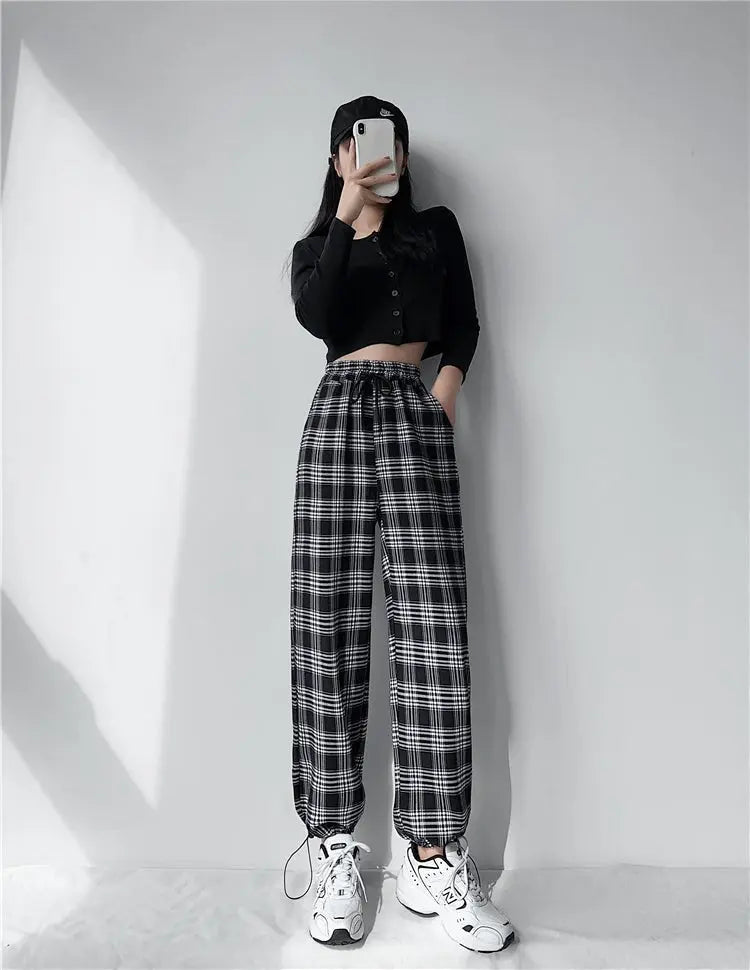 Plaid Pants Women High Waist Drawstring Loose Straight Baggy Pants 2022 Spring and Summer - Blade & Thread