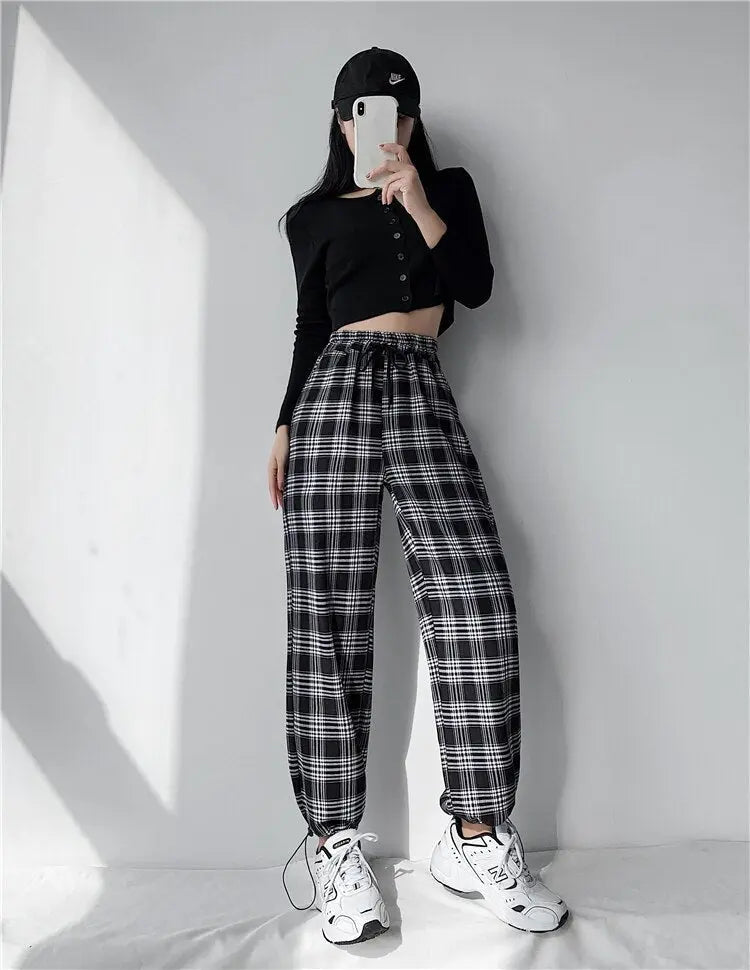 Plaid Pants Women High Waist Drawstring Loose Straight Baggy Pants 2022 Spring and Summer - Blade & Thread