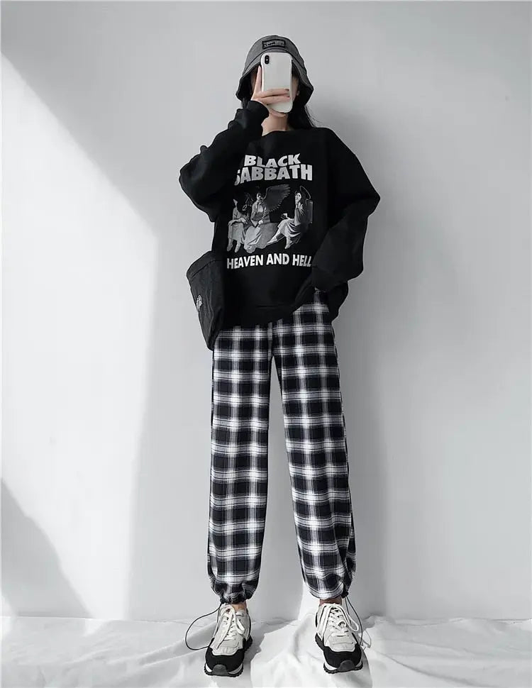 Plaid Pants Women High Waist Drawstring Loose Straight Baggy Pants 2022 Spring and Summer - Blade & Thread