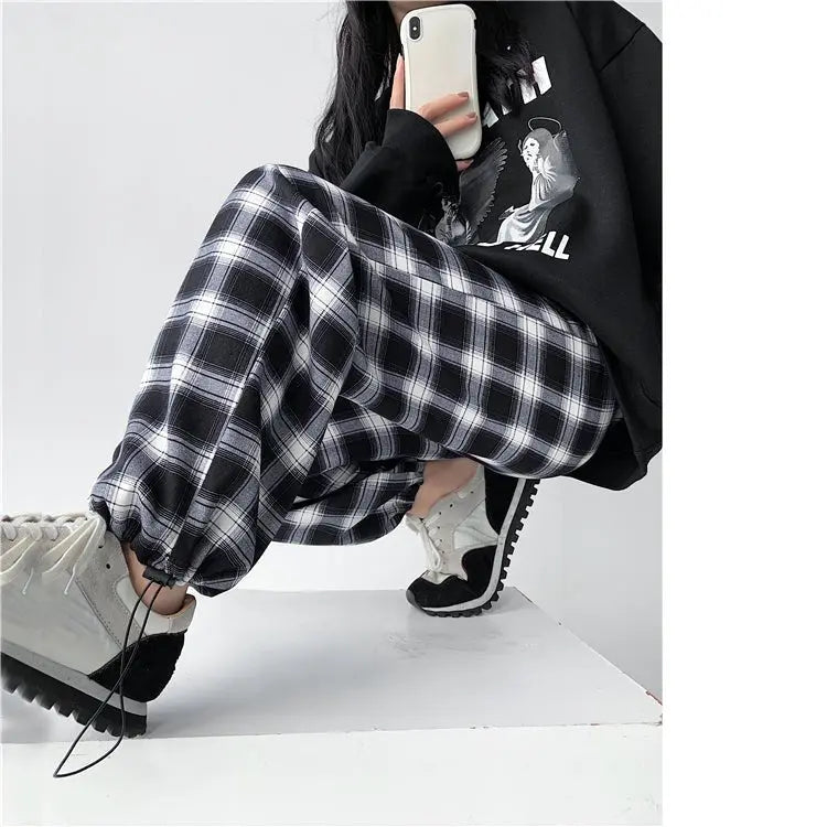 Plaid Pants Women High Waist Drawstring Loose Straight Baggy Pants 2022 Spring and Summer - Blade & Thread