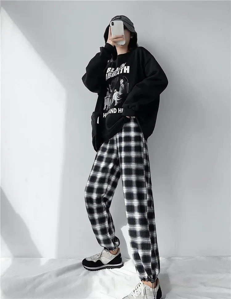 Plaid Pants Women High Waist Drawstring Loose Straight Baggy Pants 2022 Spring and Summer - Blade & Thread