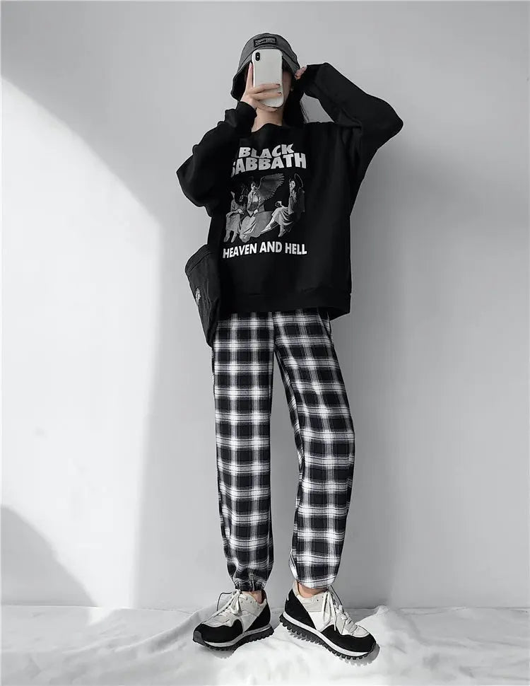 Plaid Pants Women High Waist Drawstring Loose Straight Baggy Pants 2022 Spring and Summer - Blade & Thread