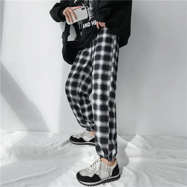 Plaid Pants Women High Waist Drawstring Loose Straight Baggy Pants 2022 Spring and Summer - Blade & Thread
