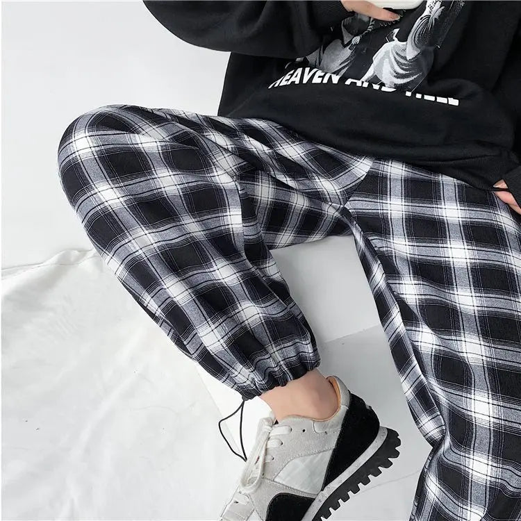 Plaid Pants Women High Waist Drawstring Loose Straight Baggy Pants 2022 Spring and Summer - Blade & Thread