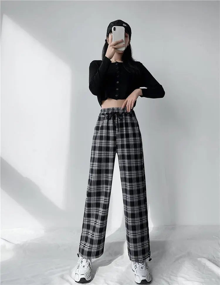 Plaid Pants Women High Waist Drawstring Loose Straight Baggy Pants 2022 Spring and Summer - Blade & Thread