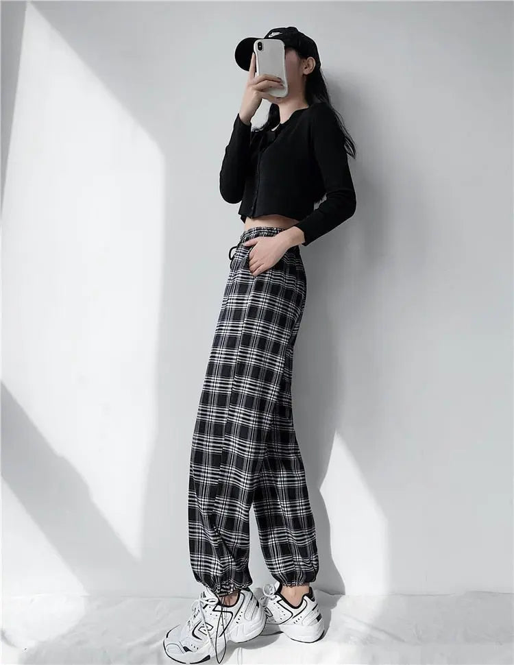 Plaid Pants Women High Waist Drawstring Loose Straight Baggy Pants 2022 Spring and Summer - Blade & Thread