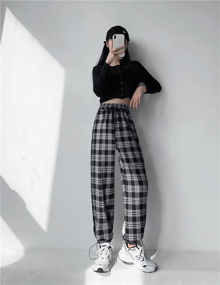 Plaid Pants Women High Waist Drawstring Loose Straight Baggy Pants 2022 Spring and Summer - Blade & Thread