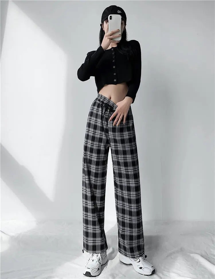 Plaid Pants Women High Waist Drawstring Loose Straight Baggy Pants 2022 Spring and Summer - Blade & Thread