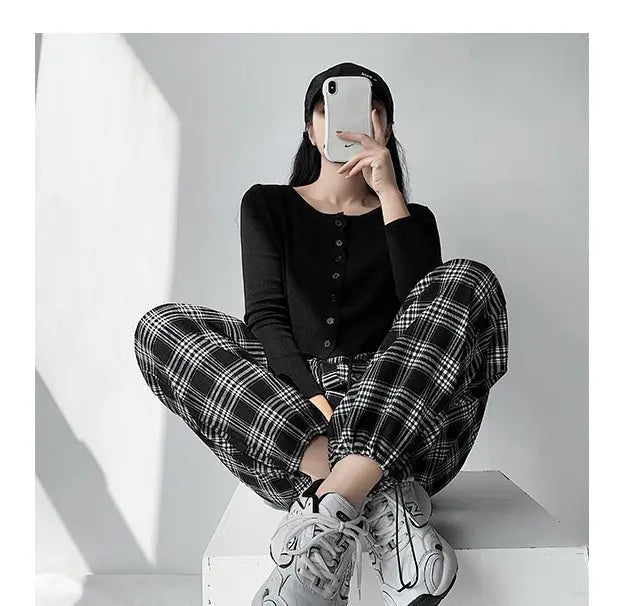 Plaid Pants Women High Waist Drawstring Loose Straight Baggy Pants 2022 Spring and Summer - Blade & Thread