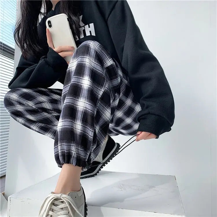 Plaid Pants Women High Waist Drawstring Loose Straight Baggy Pants 2022 Spring and Summer - Blade & Thread