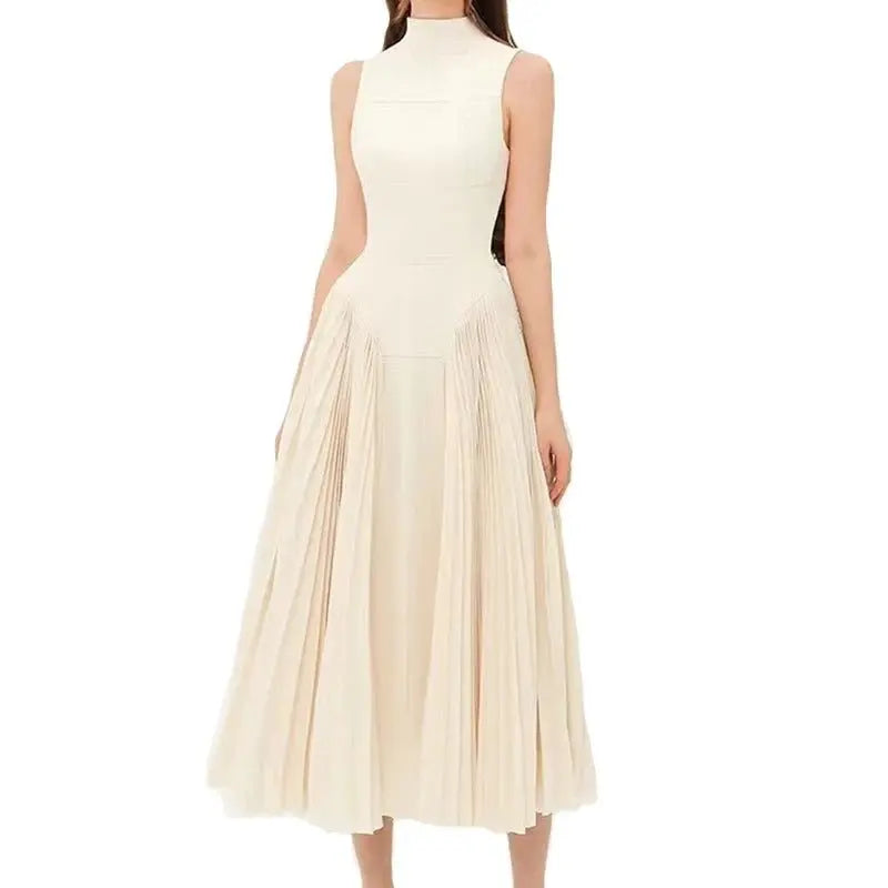 Pleated round neck sleeveless A dress with waist slimming long skirt - Blade & Thread