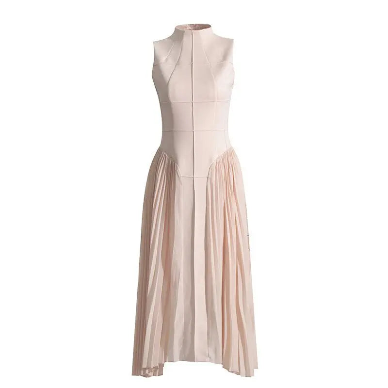 Pleated round neck sleeveless A dress with waist slimming long skirt - Blade & Thread