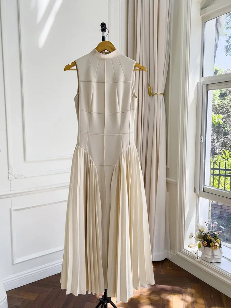 Pleated round neck sleeveless A dress with waist slimming long skirt - Blade & Thread