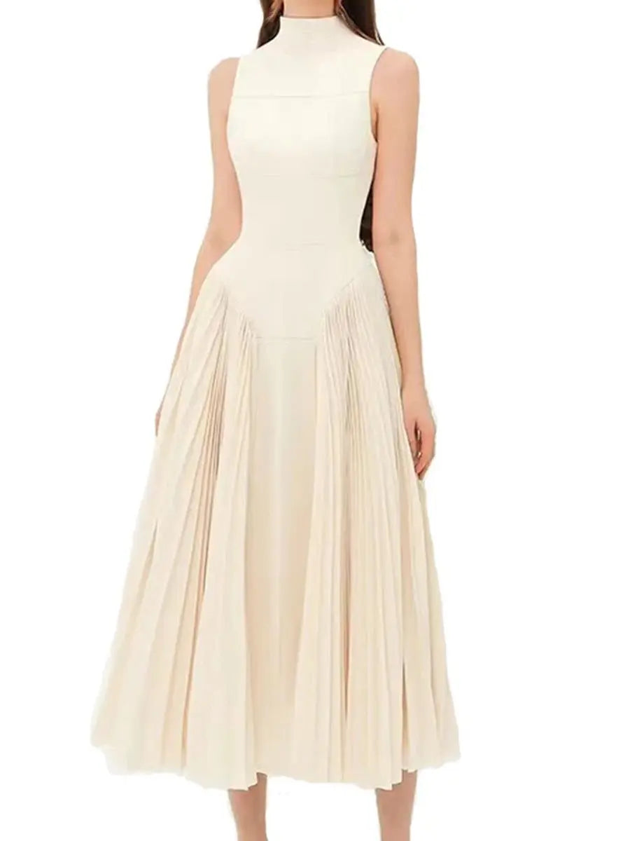 Pleated round neck sleeveless A dress with waist slimming long skirt - Blade & Thread