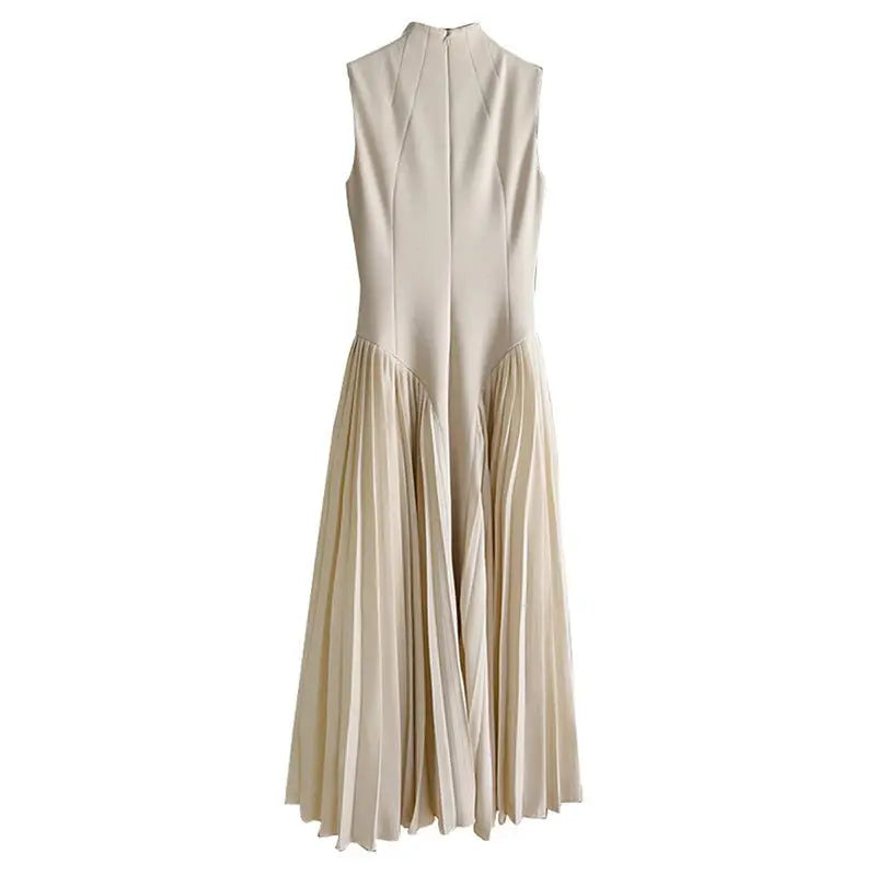 Pleated round neck sleeveless A dress with waist slimming long skirt - Blade & Thread