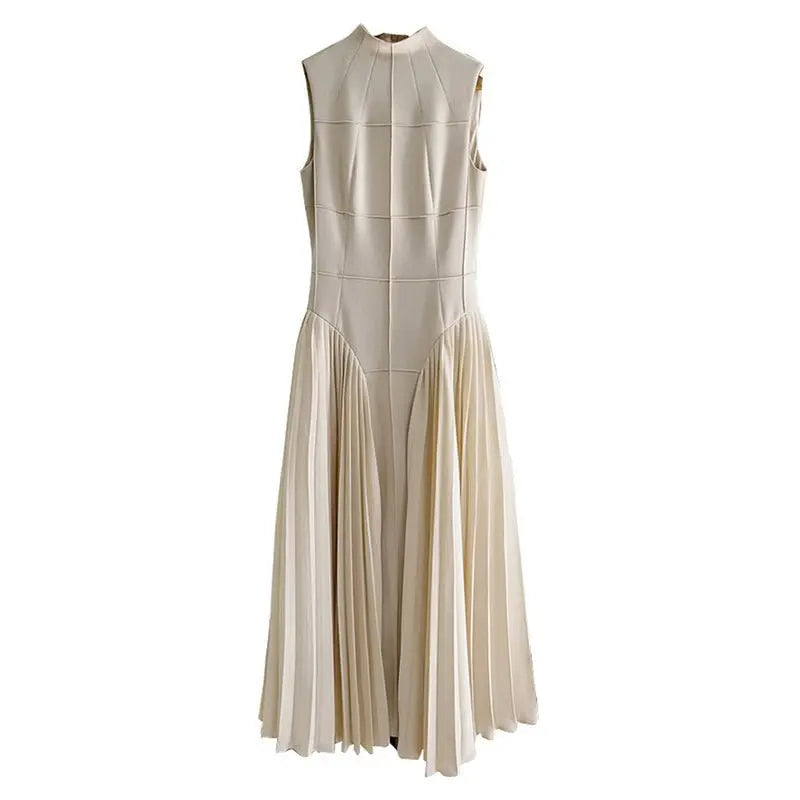 Pleated round neck sleeveless A dress with waist slimming long skirt - Blade & Thread