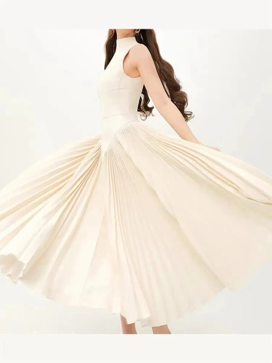Pleated round neck sleeveless A dress with waist slimming long skirt - Blade & Thread