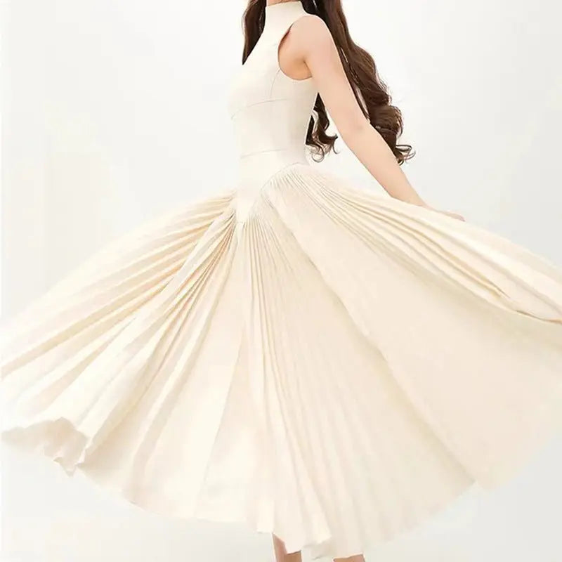 Pleated round neck sleeveless A dress with waist slimming long skirt - Blade & Thread