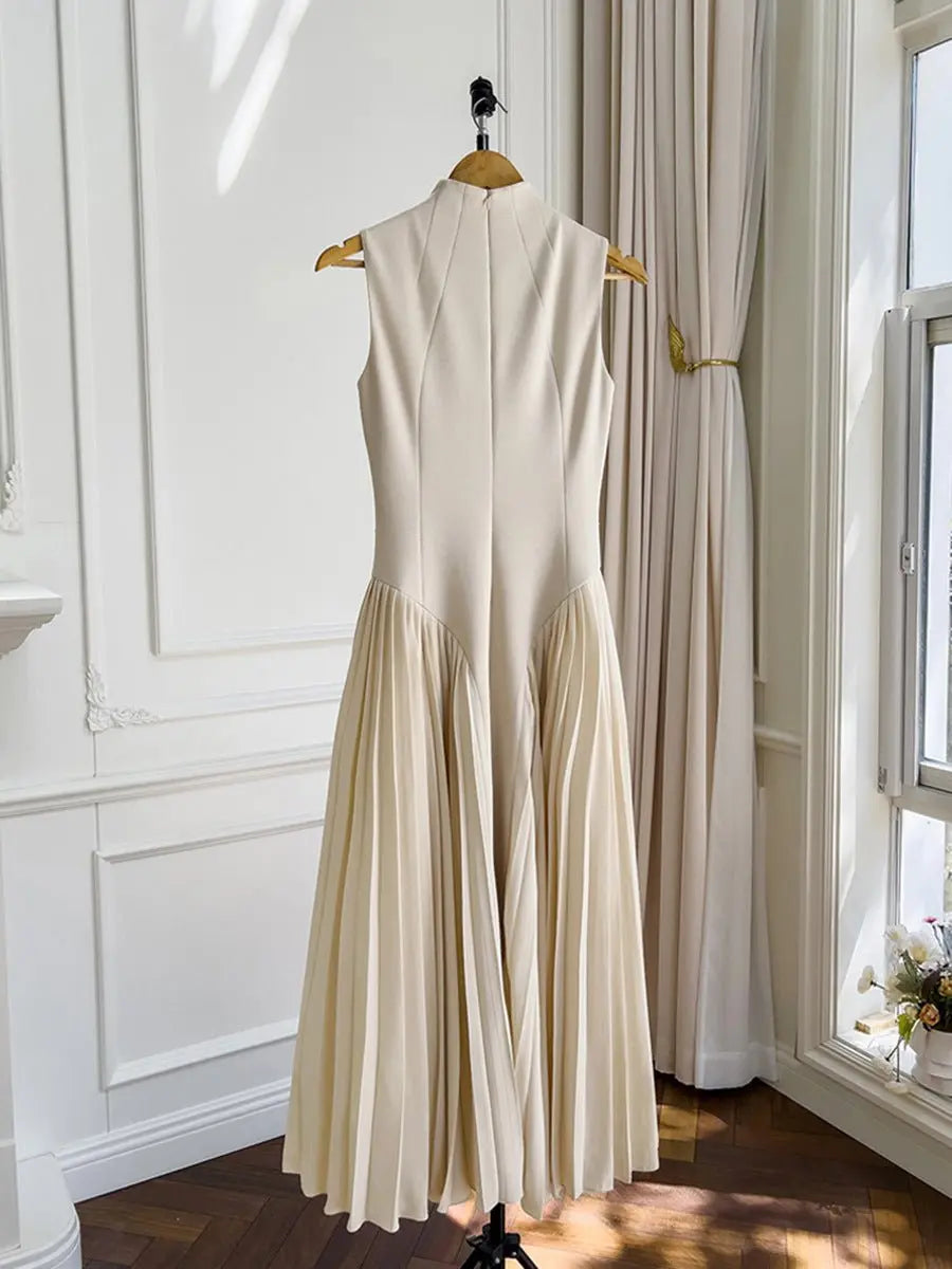 Pleated round neck sleeveless A dress with waist slimming long skirt - Blade & Thread